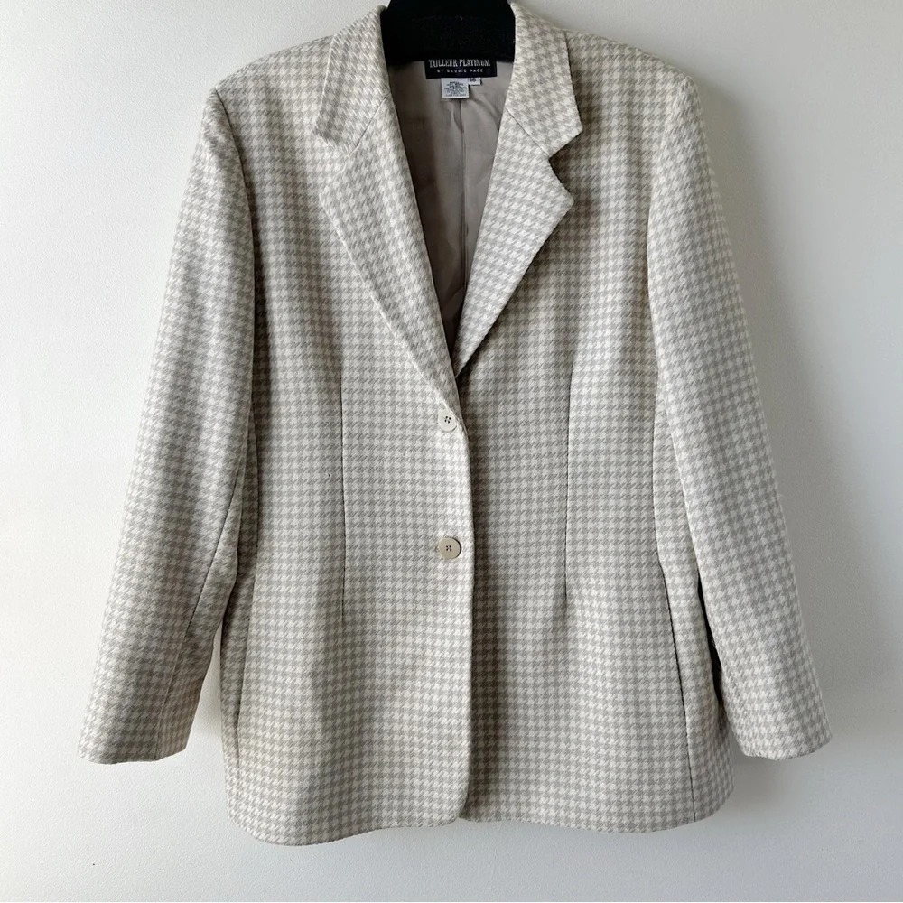 Tailleur Platinum by Barrie Pace Vintage 100% Wool Blazer Houndstooth Cream 16